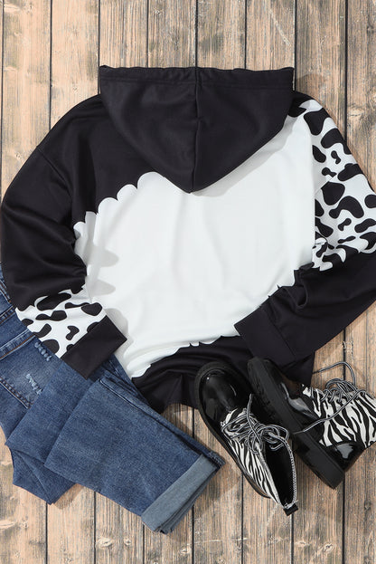 Cow Tie Dye Print Pocketed Drawstring Pullover Hoodie | Black