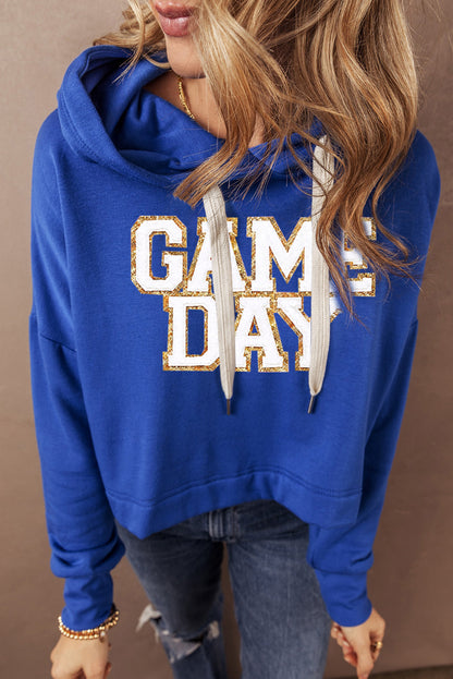 Glittering Game Day Patched Cropped Drawstring Hoodie | Dark Blue