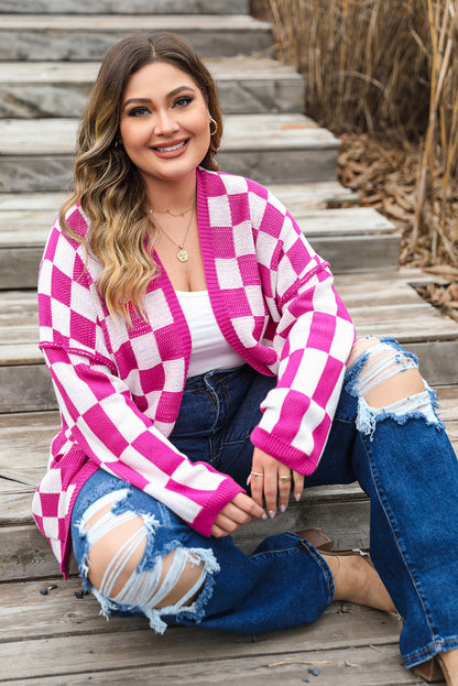 Checkered Pattern Open Front Plus Size Cardigan | Bonbon