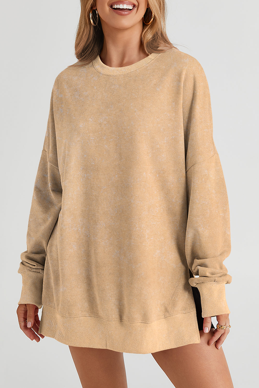 Drop Shoulder Ribbed Trim Oversized Sweatshirt | Khaki