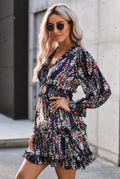 Ruffle Detailing Open Back Floral Dress | Blue