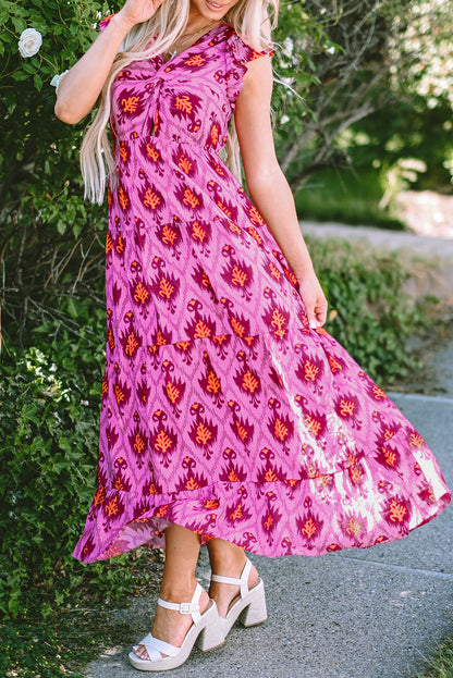 Retro Print Twisted Front Ruffled Sleeve Maxi Dress | Bonbon