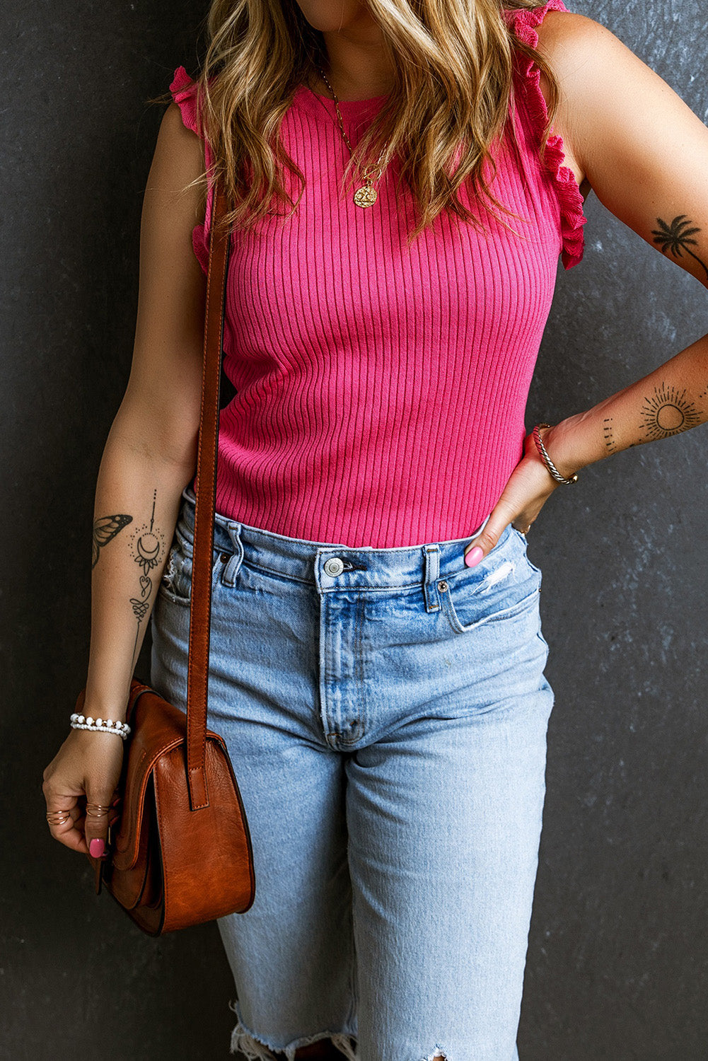 Ribbed Ruffled Sweater Tank | Bright Pink