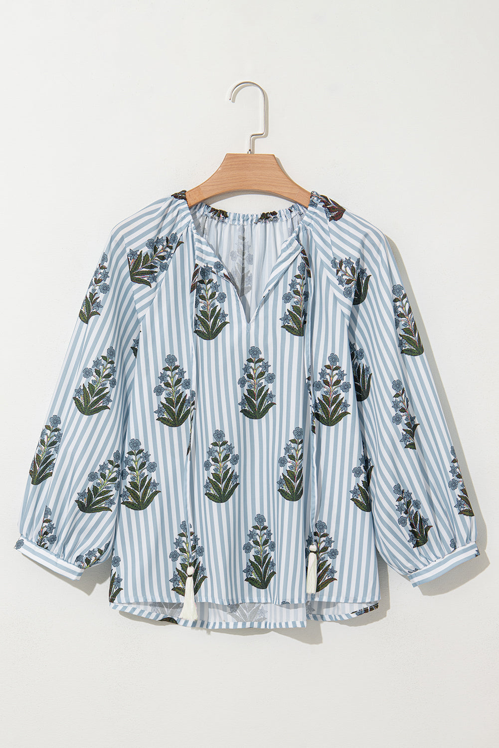 Striped Floral Printed Long Sleeve Tied V Neck Blouse | Beau Blue