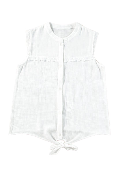 Lace Trim Crinkle Knot Hem Sleeveless Shirt | White