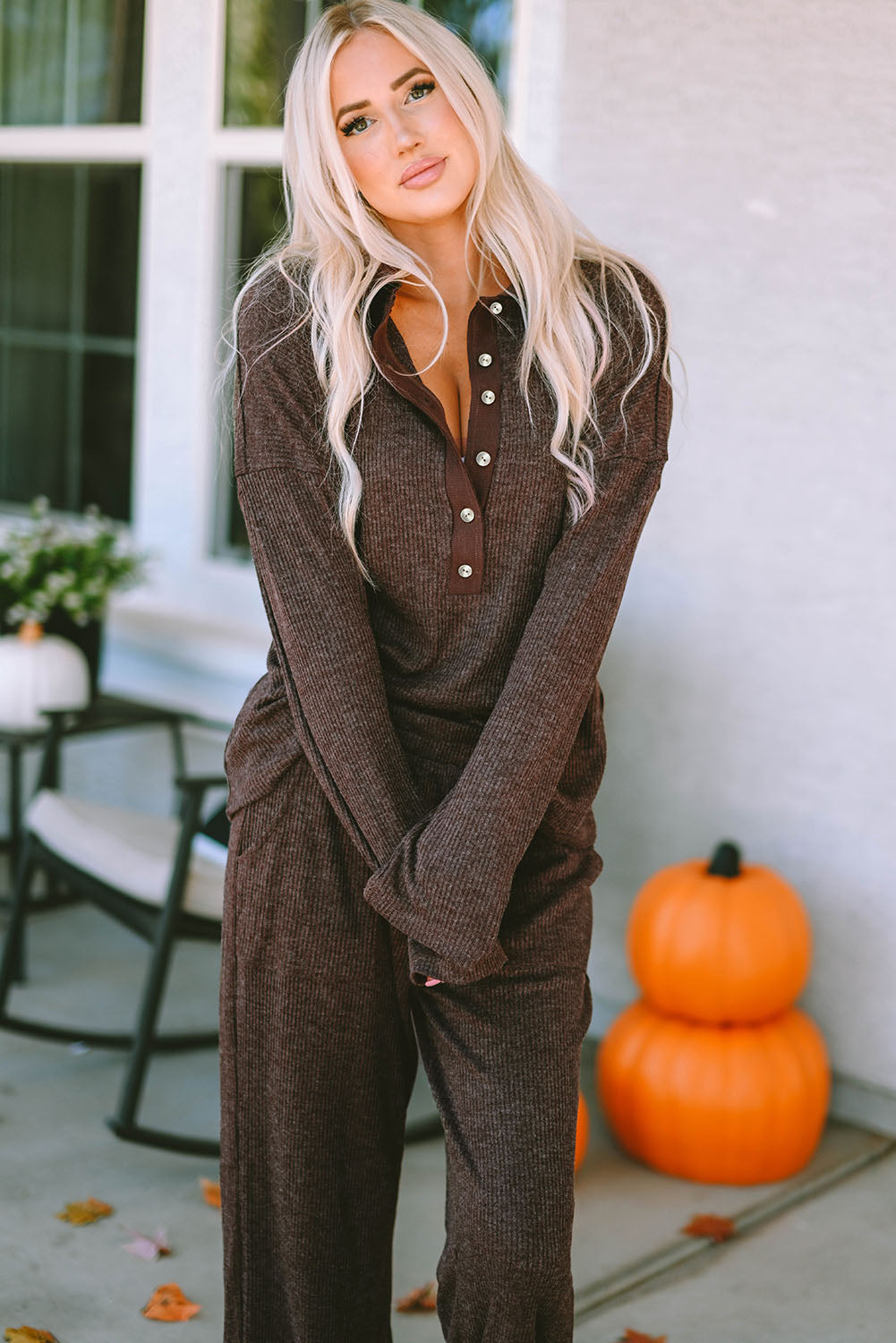 Ribbed Knit Collared Henley Top And Pants Lounge Outfit | Brown