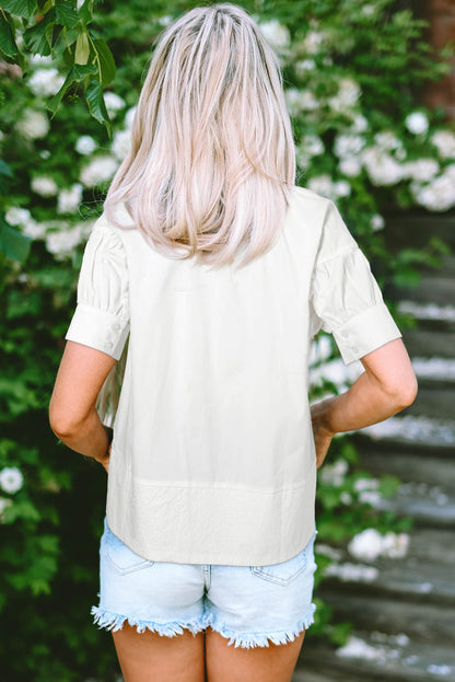 Solid Colour Ruched Bubble Sleeve V Neck Blouse | White