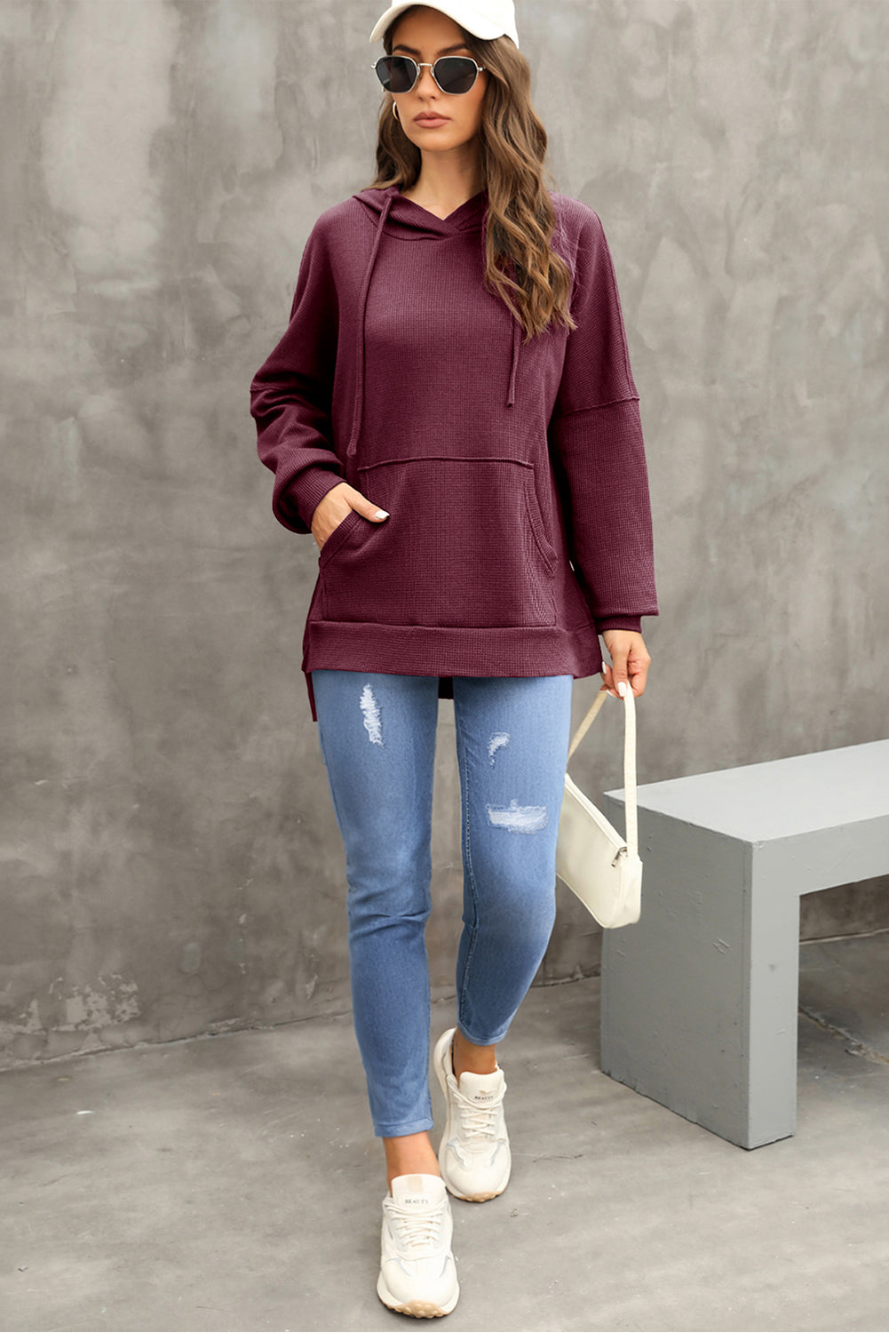 Waffle Knit Fleece Lined High Low Oversized Hoodie | Red Dahlia