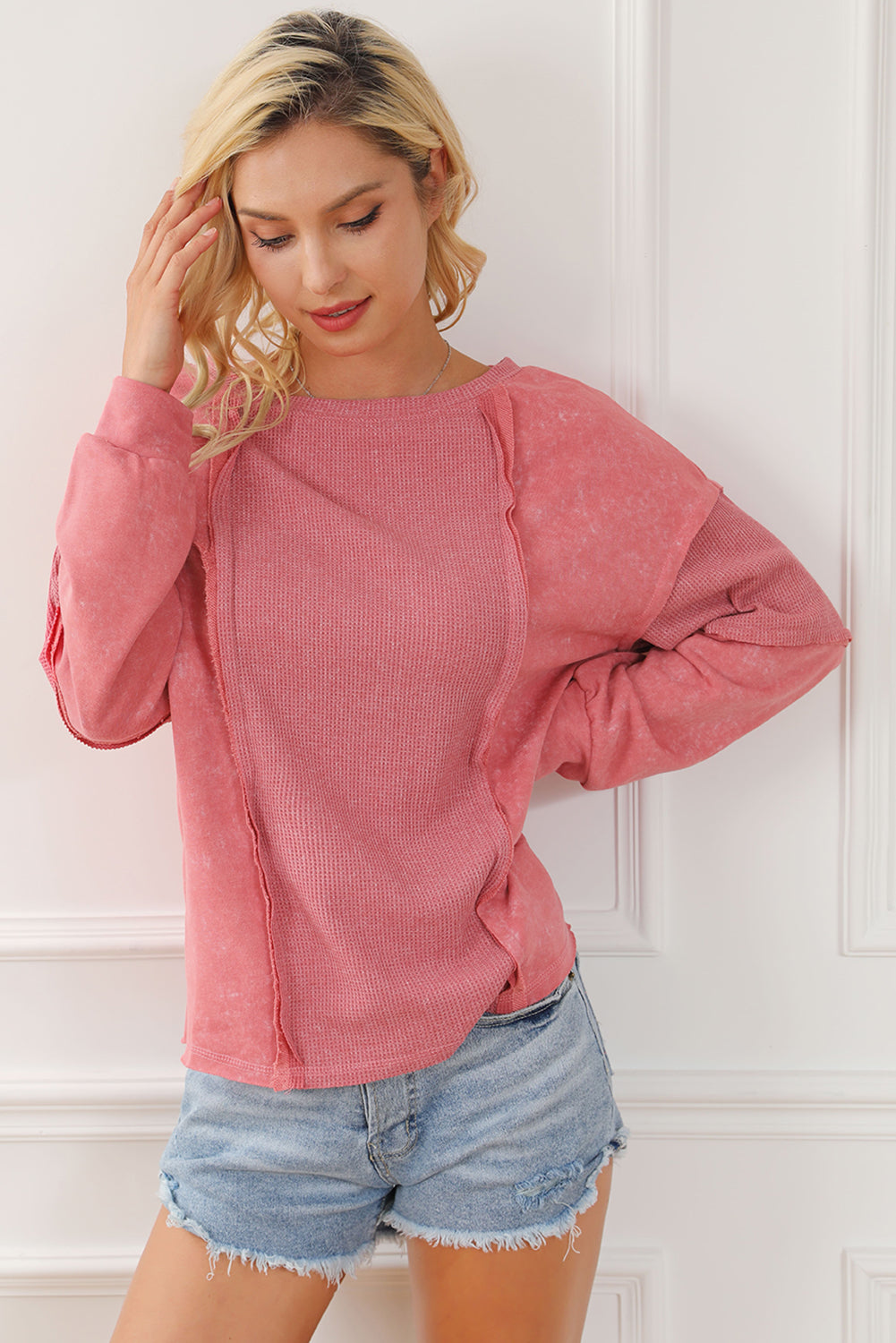 Mineral Wash Patchwork Exposed Seam Sweatshirt | Rose