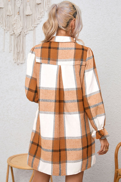 Plaid Pattern Collared Neck Ruffled Sleeve Shirt Dress | Khaki