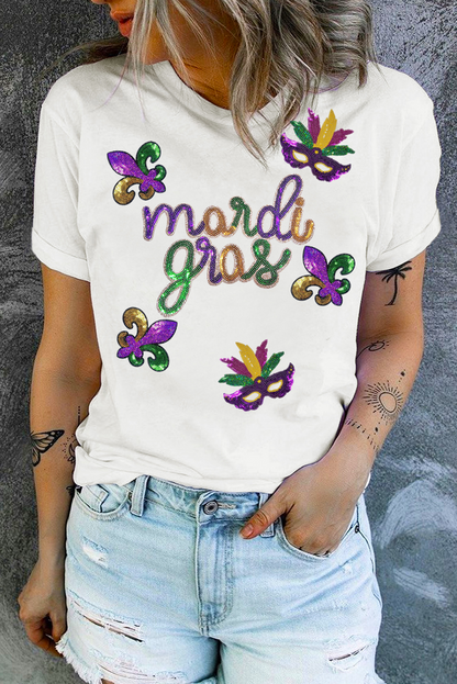 Sequin Mardi Gras Pattern Graphic Crew Neck Tee | White