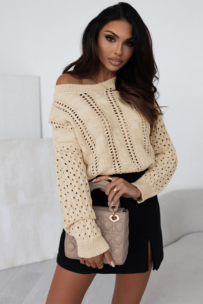 Eyelets Cable Knit Drop Shoulder Sweater | Khaki