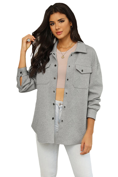 Solid Textured Flap Pocket Buttoned Shacket | Gray