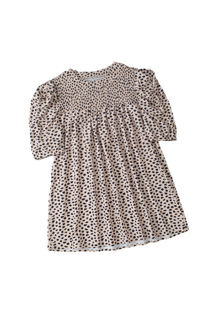 Leopard Shirred Round Neck Puff Sleeve Blouse | Khaki