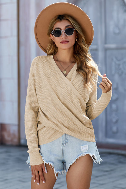 Wrap V Neck Waffle Sweater | Apricot