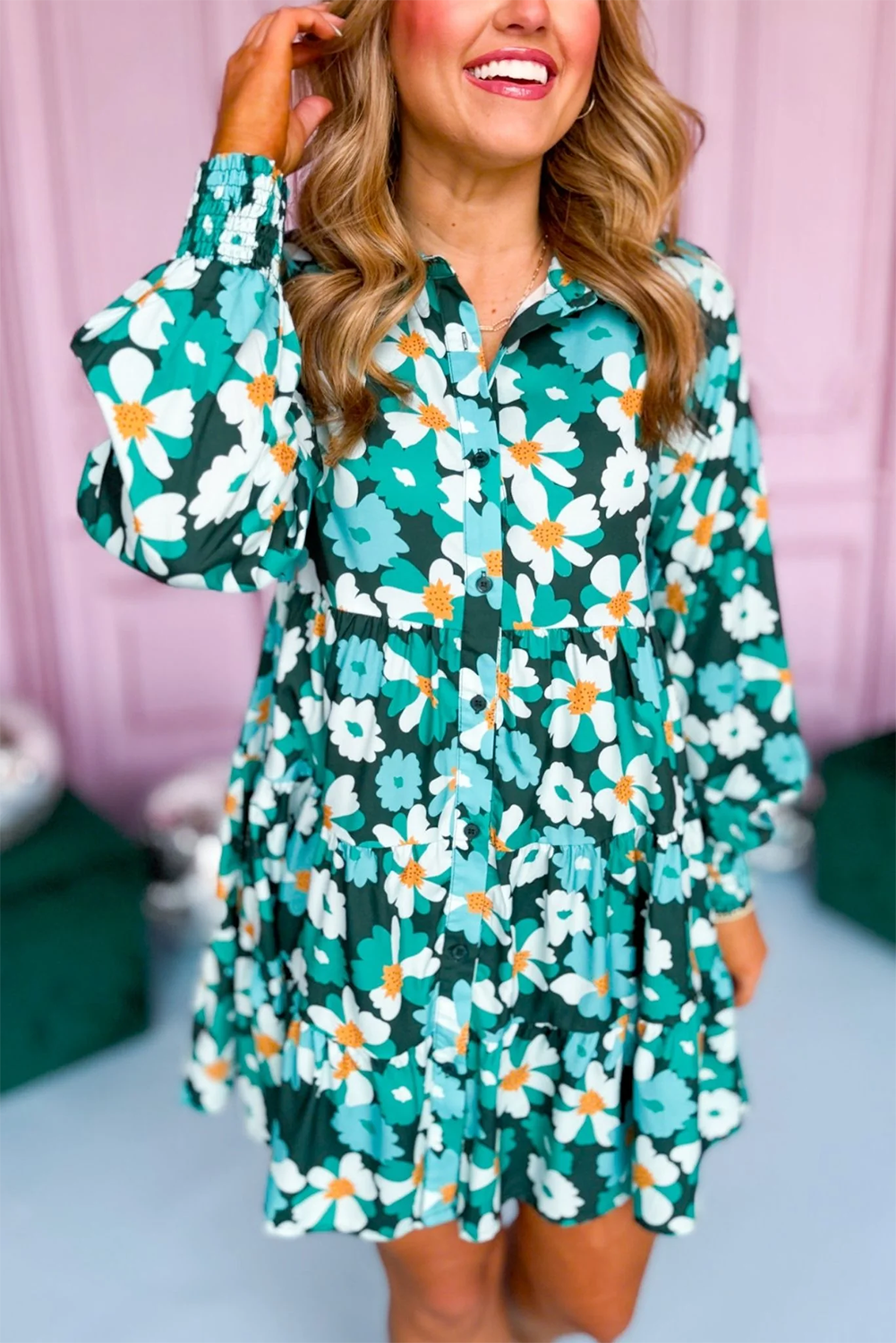 Green Floral Tiered Long Puff Sleeve Shirt Dress | Blackish Green