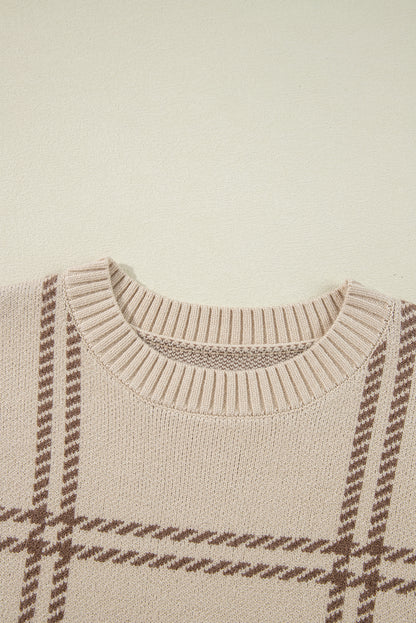 Plaid Pattern Knitted Drop Shoulder Sweater | Khaki