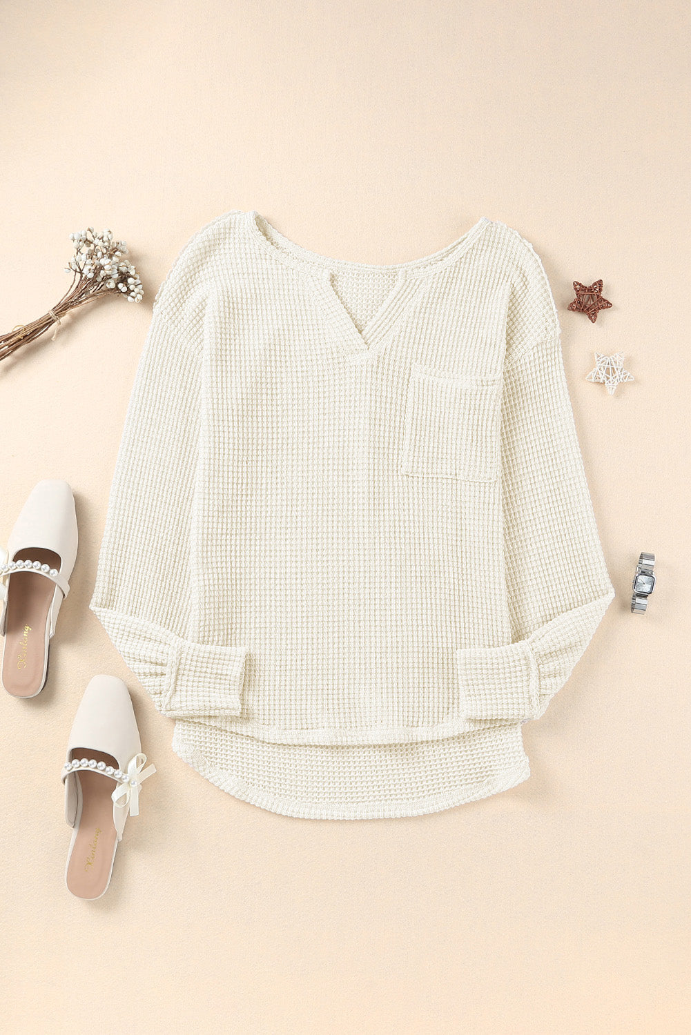 Waffle Knit Split Neck Pocketed Loose Top | Beige