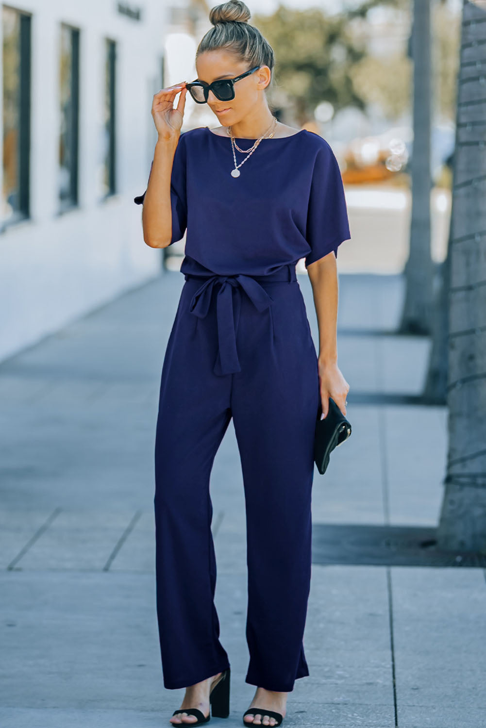 Belted Wide Leg Jumpsuit | Blue