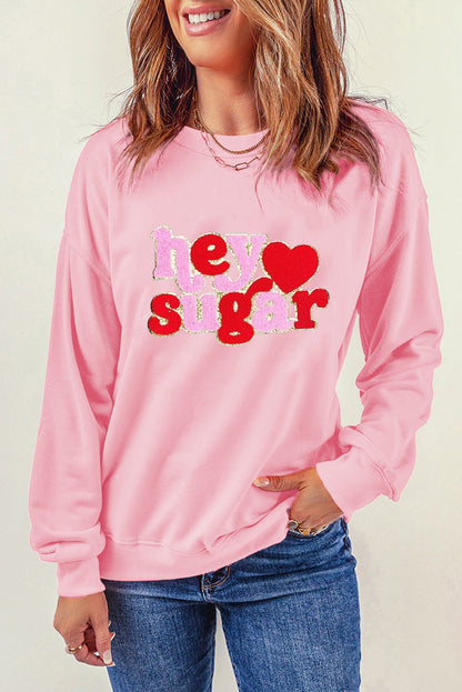 Chenille Heart Hey Sugar Patched Pattern Valentines Pullover Sweatshirt | Pink