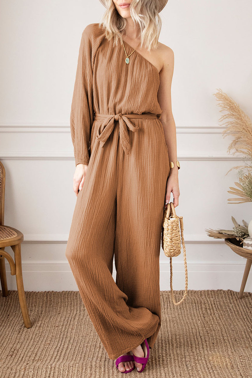 Khaki Crinkled Texture One-shoulder Loose Jumpsuit