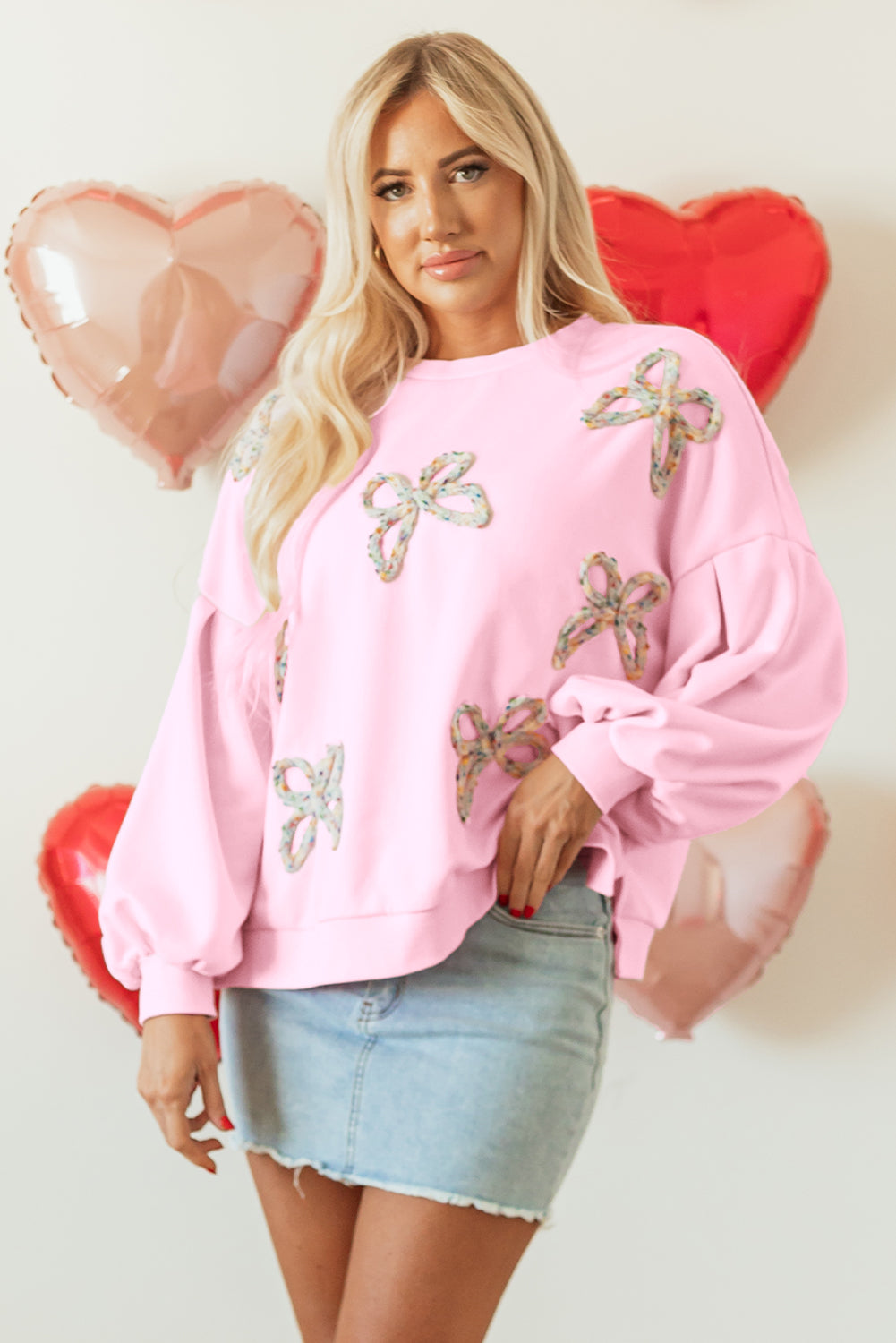 Embroidered Bow Lantern Sleeve Oversized Pullover Sweatshirt | Light Pink