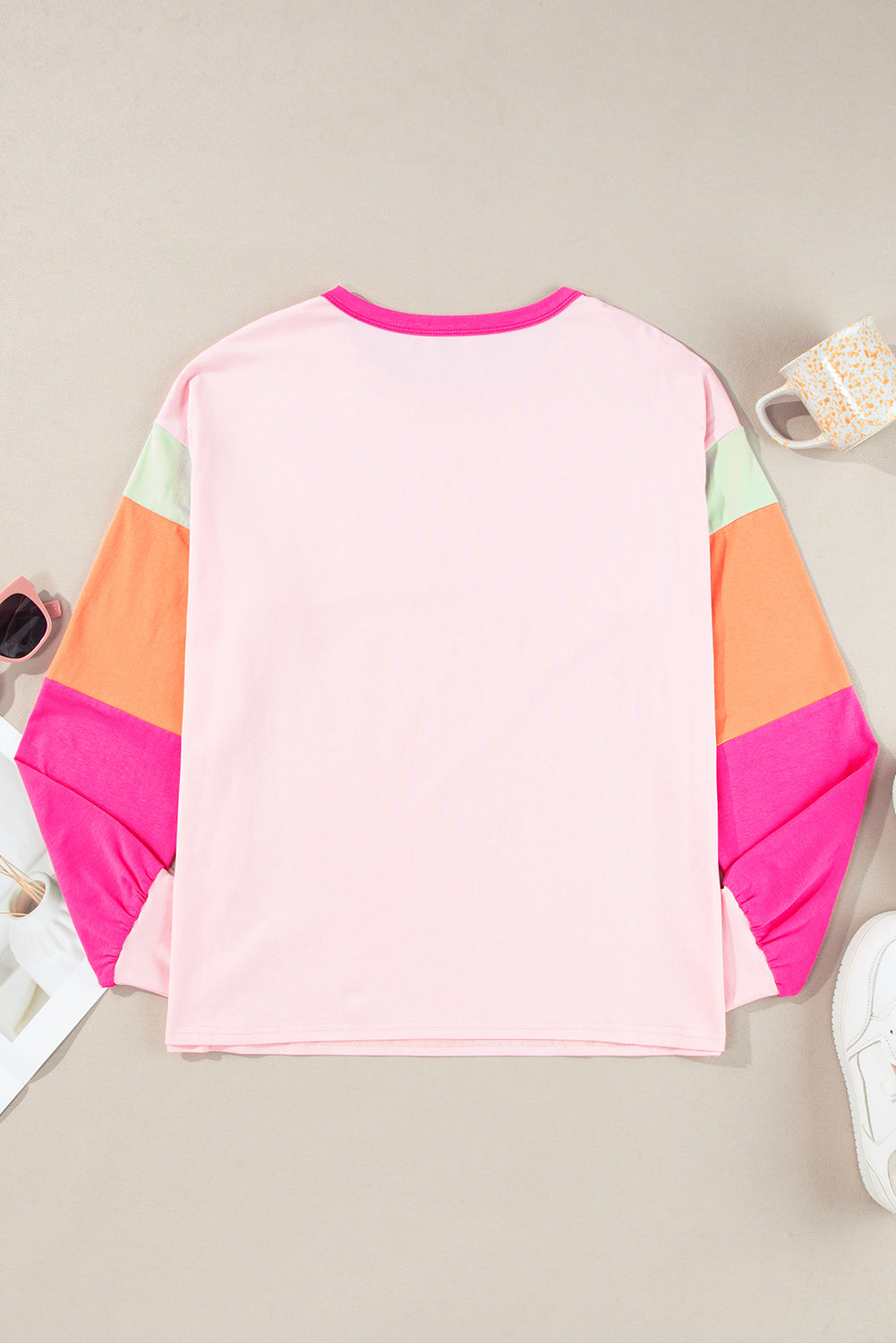 Colourblock Patchwork Long Sleeve Loose Top | Pink