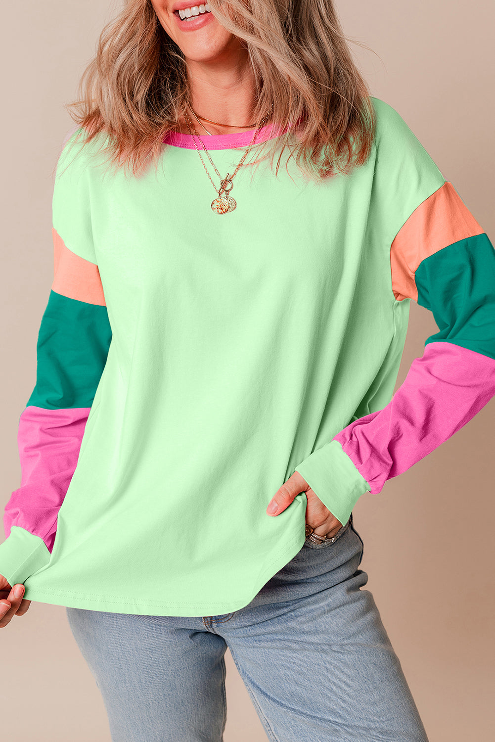 Colourblock Patchwork Long Sleeve Loose Top | Green