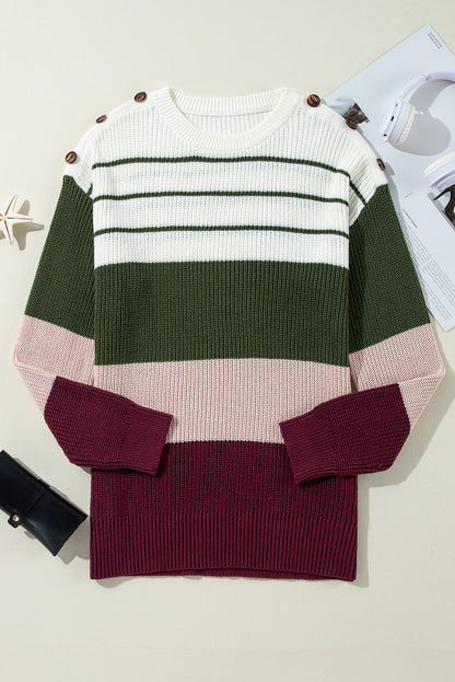 Colour Block Striped Buttoned Shoulder Split Sweater | Green