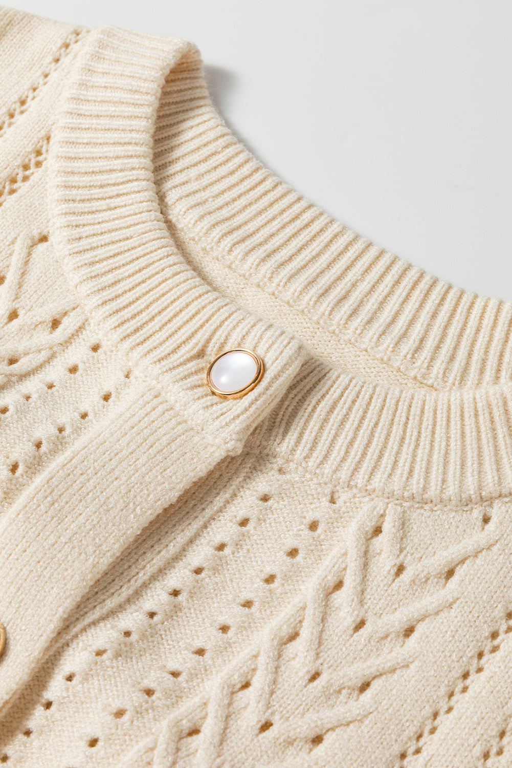 Pleated Sleeve Hollow Detail Button Sweater Cardigan | Apricot