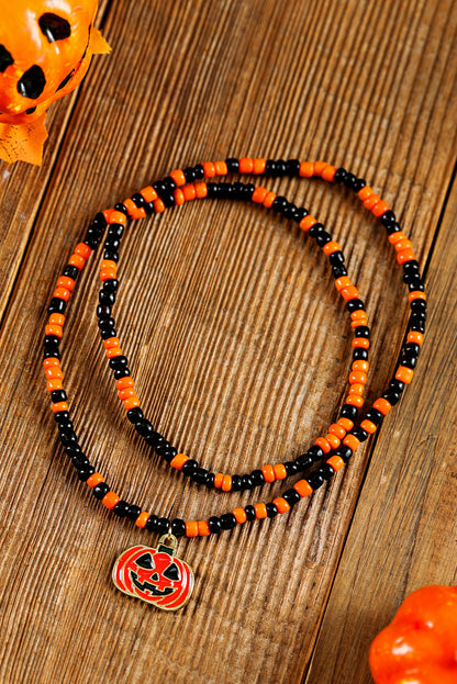 Pumpkin Face Pendant Rice Beaded Halloween Necklace | Orange