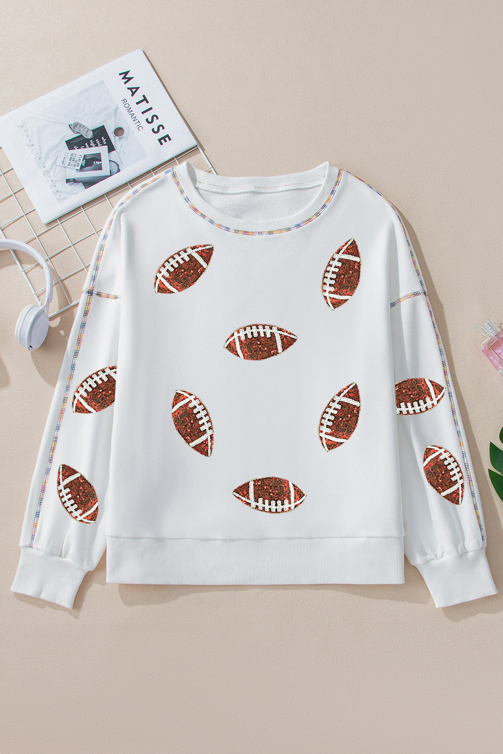 Sequin Rugby Football Pattern Exposed Seam Game Day Sweatshirt | White