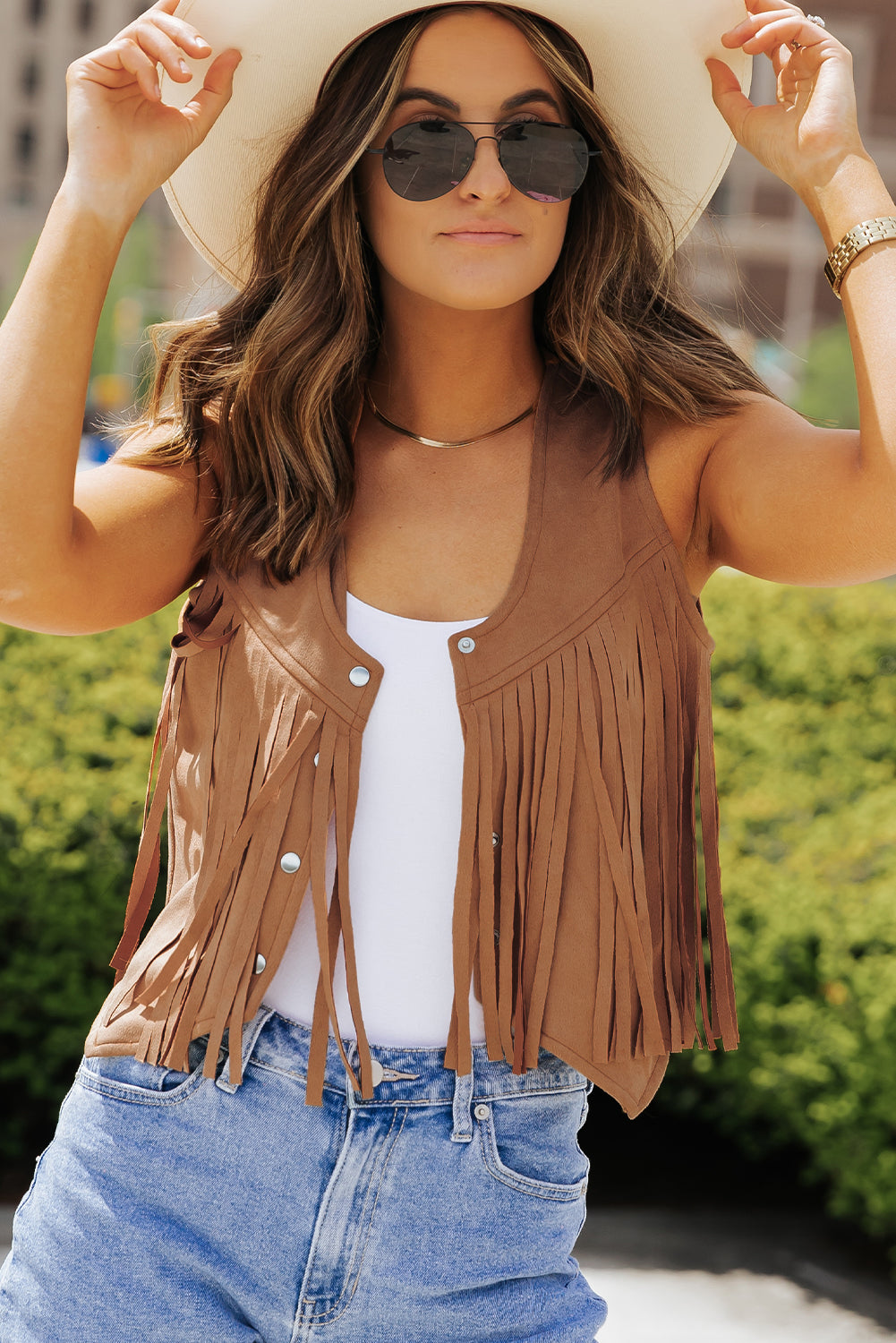 Fringed Snap Button Front Suedette Vest | Camel