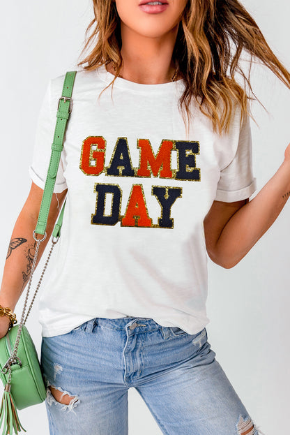 Glitter Game Day Rugby Football Season Round Neck T Shirt | White