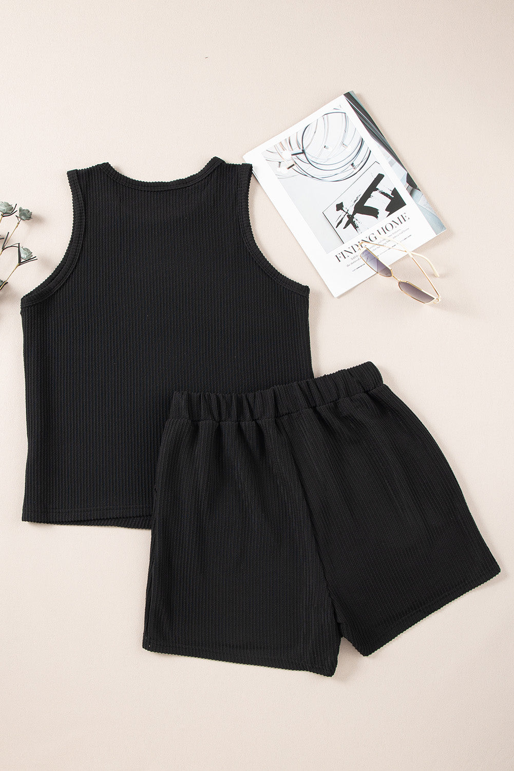 Corded Sleeveless Top And Pocketed Shorts Set | Black