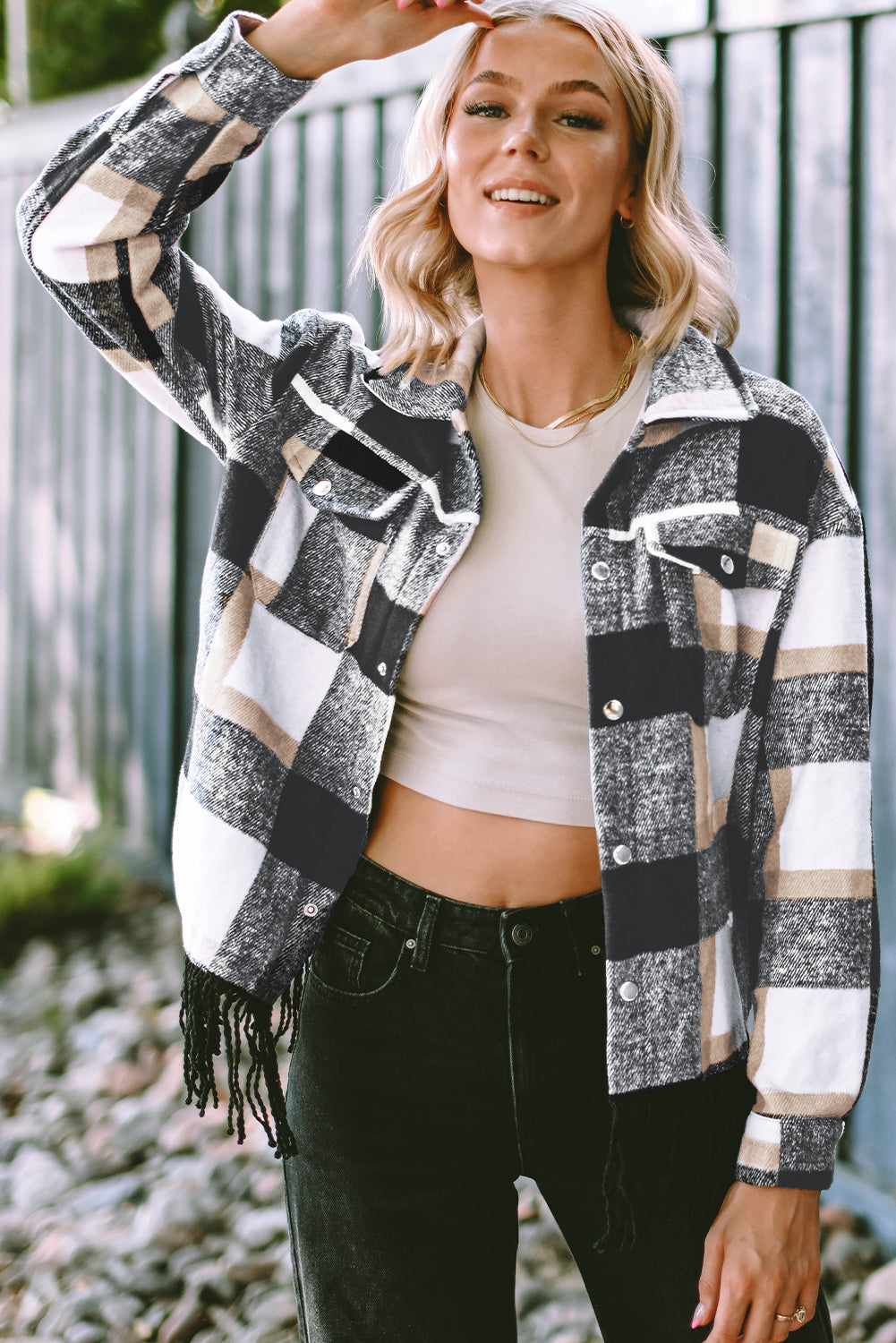 Black Plaid Snap Button Pocket Fringed Hem Jacket