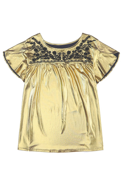 Plus Size Floral Embroidered Short Sleeve Top | Gold