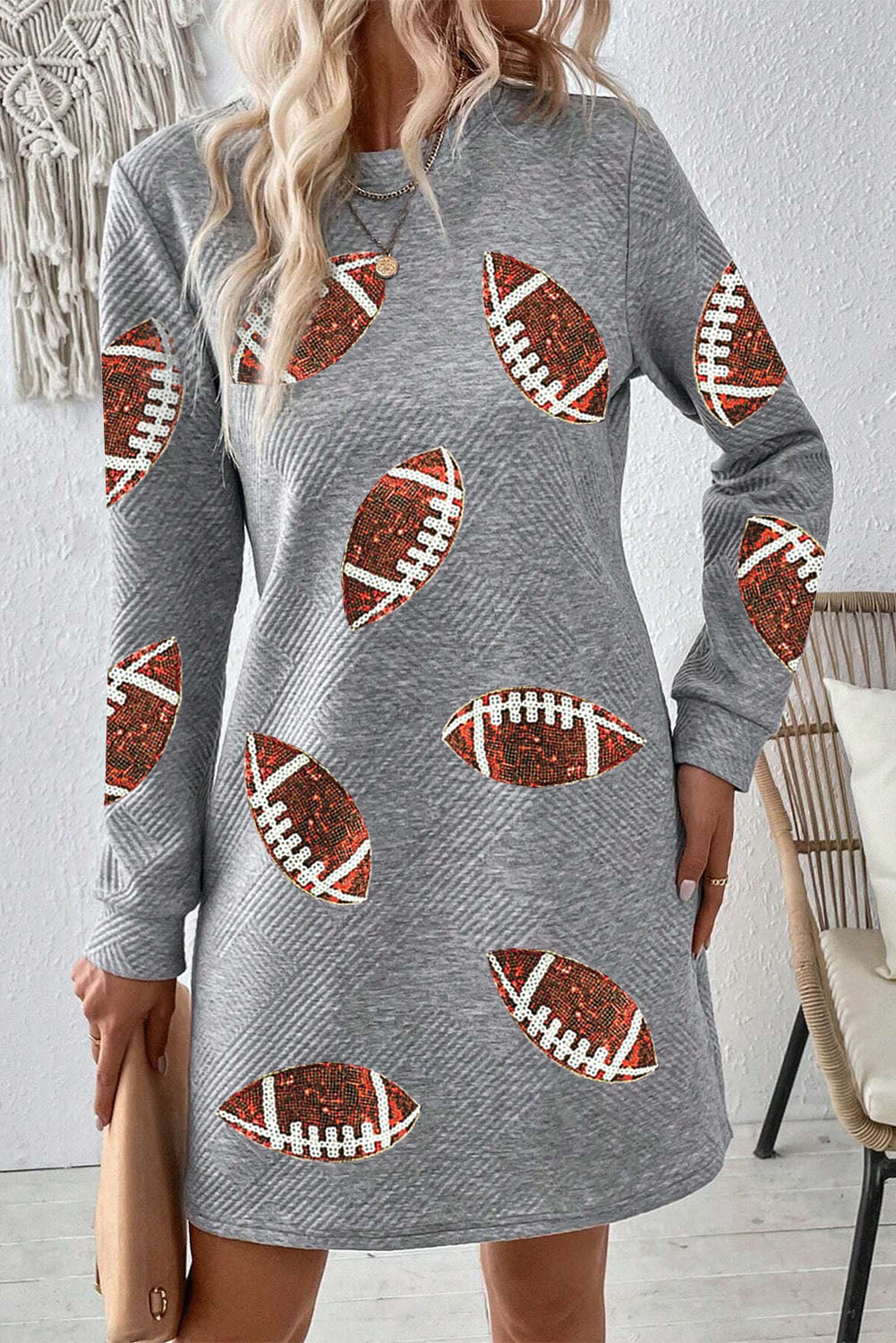 Sequin Rugby Football Graphic Textured Long Sleeve Shift Mini Dress | Gray