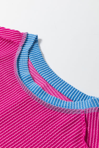 Textured Contrast Trim Round Neck T Shirt | Bright Pink