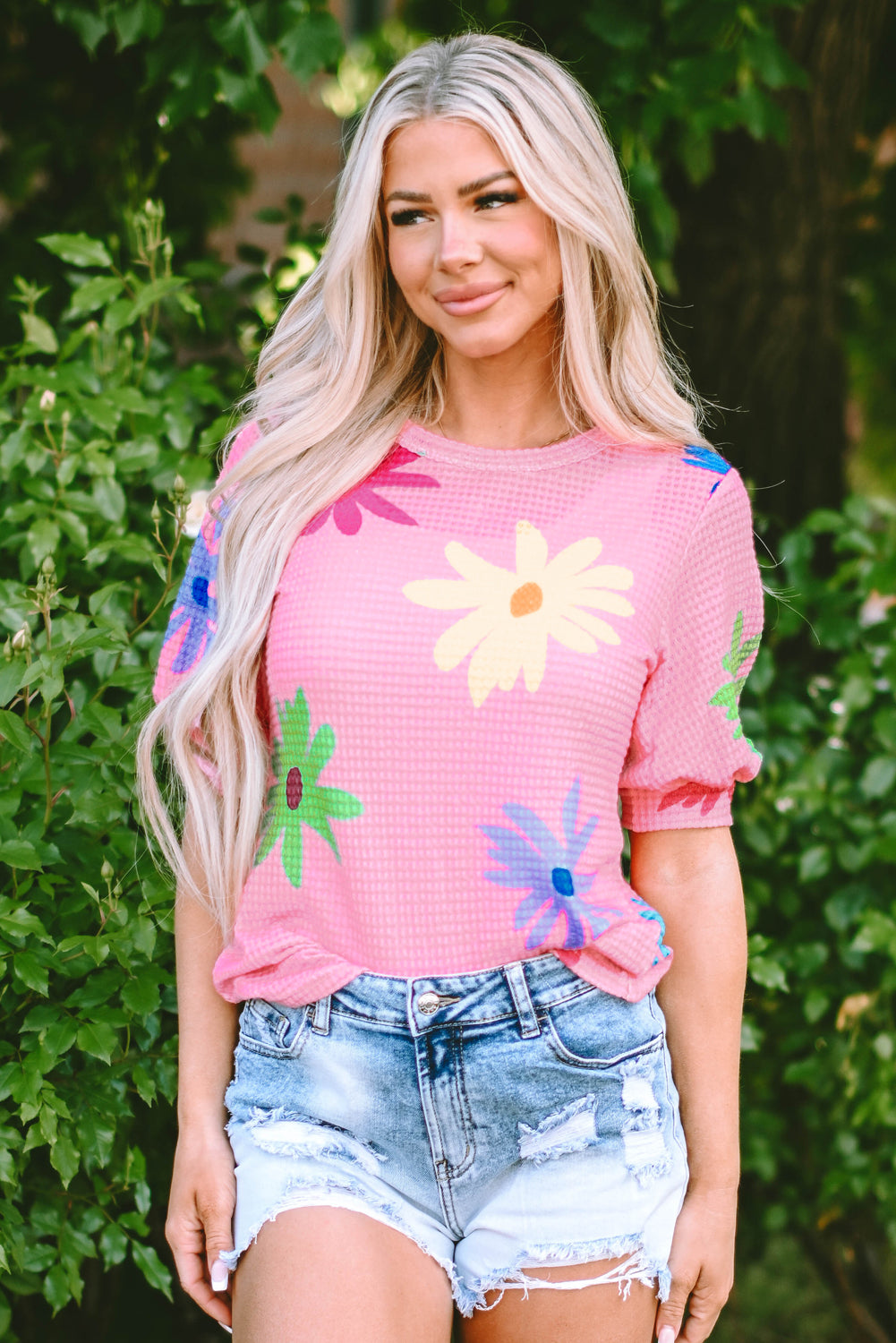 Textured Colourful Floral Print Puff Sleeve T Shirt | Pink