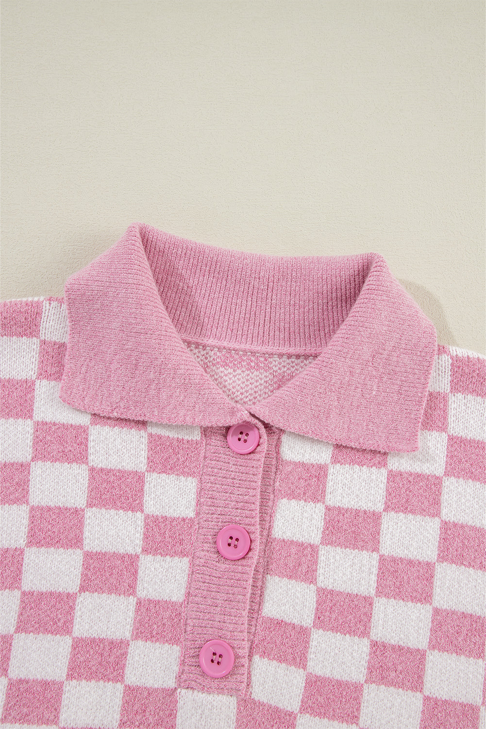 Checkered Buttons Collar V Neck Drop Shoulder Sweater | Pink