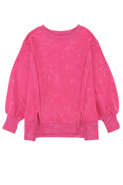 Acid Wash Relaxed Fit Seamed Pullover Sweatshirt With Slits | Rose