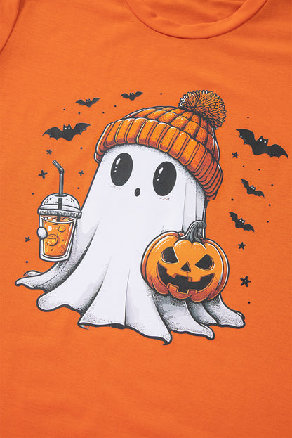 Cute Ghost Pumpkin Face Printed Halloween T Shirt | Orange