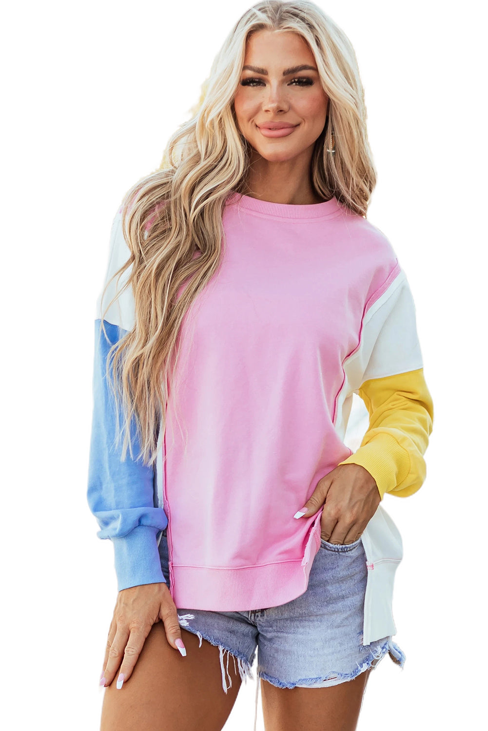 Colour Block Exposed Seam Side Slits Crewneck Sweatshirt | Bonbon