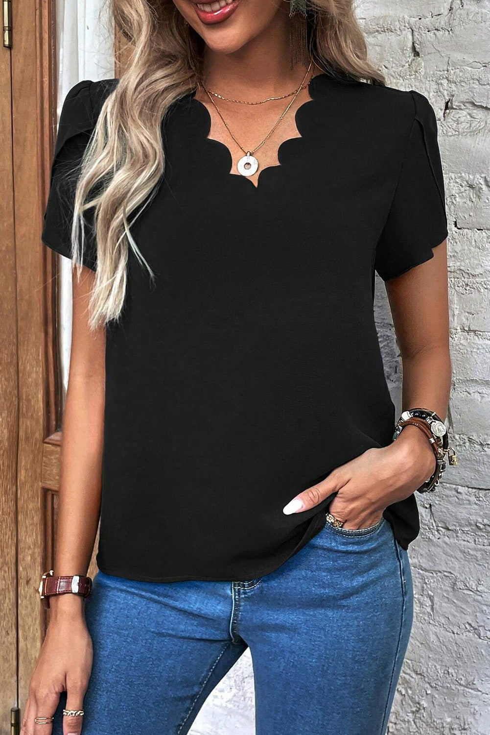 Scalloped V Neckline Petal Sleeve Top | Black