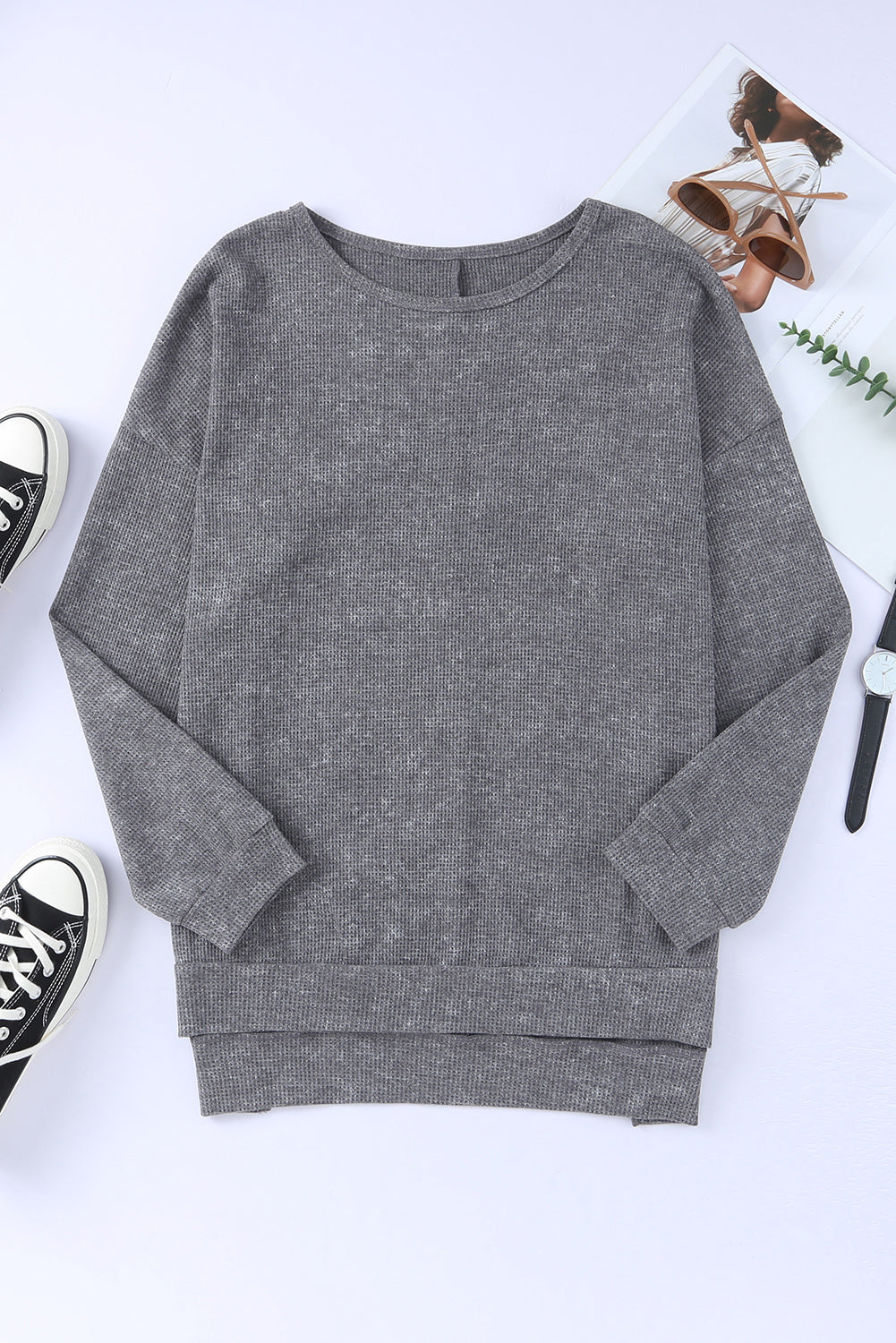 Waffle Knit Side Slit Pullover Top | Gray