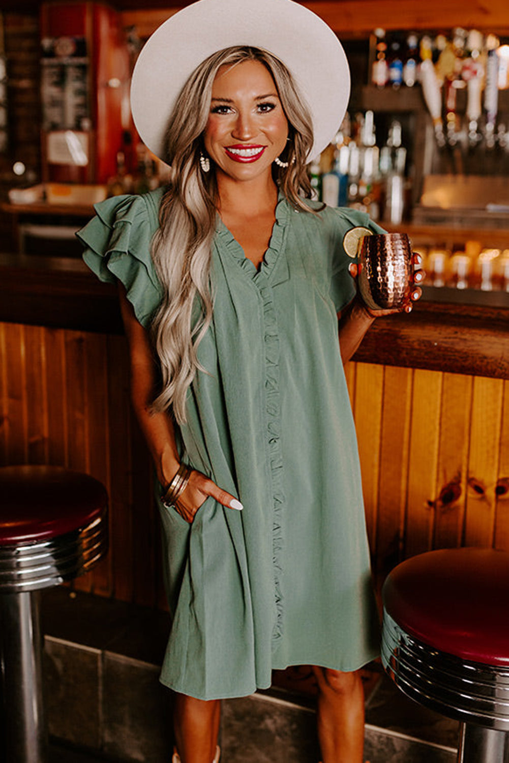 Ruffle Sleeve V Neck Frilled Shift Dress | Mist Green