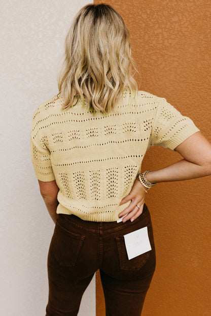 Knitted Hollow Out Short Sleeve Crop Sweater | Beige