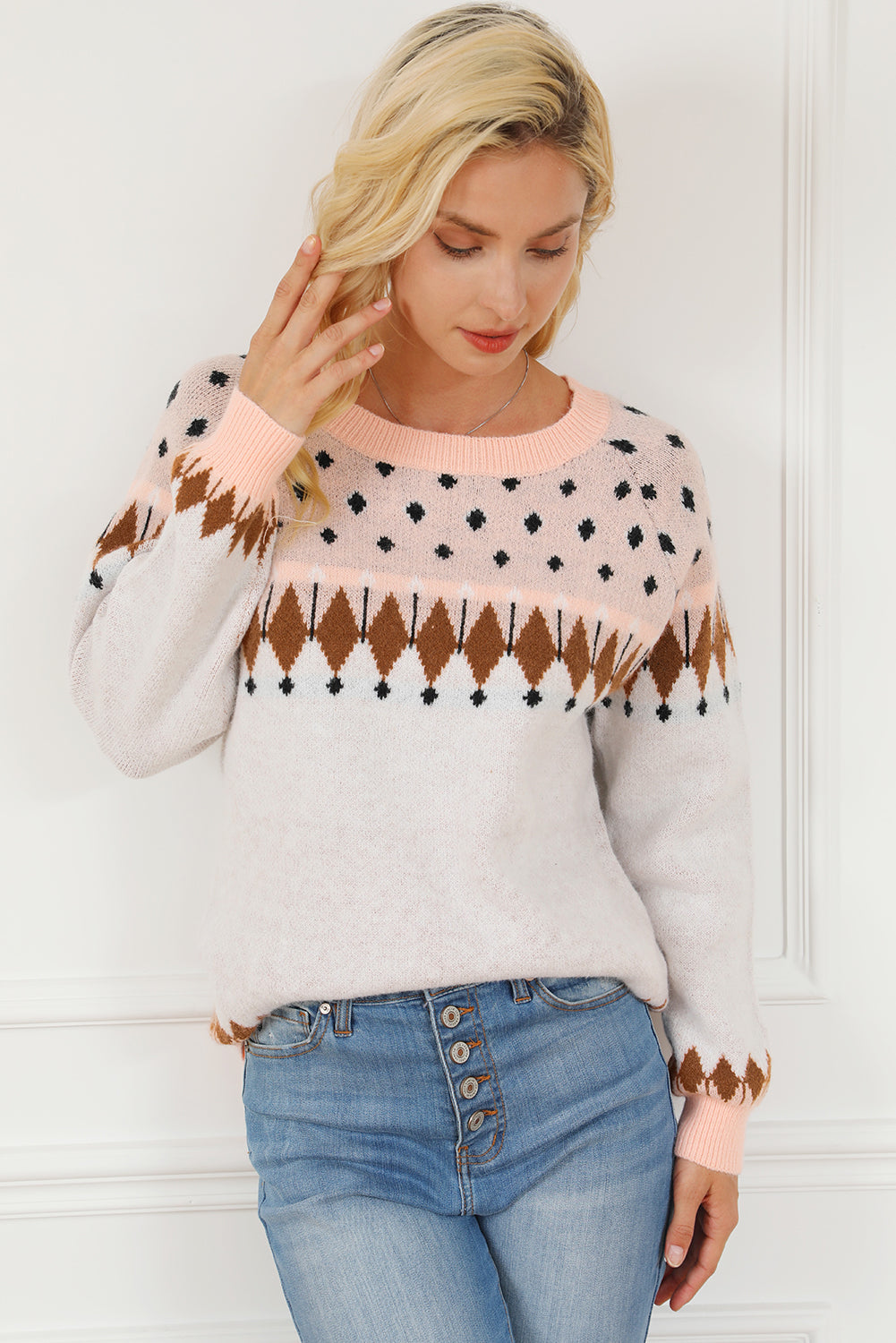 Mixed Geometric Detail Raglan Sleeve Sweater | Multicolour