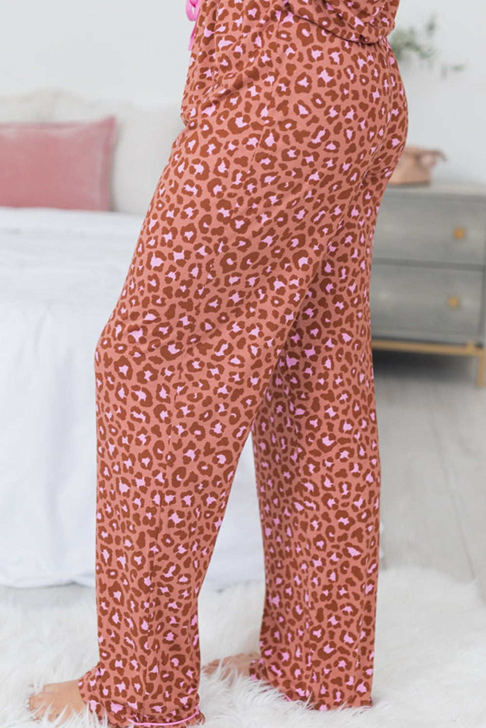 Leopard Print Short Sleeve Shirt And Pants Pajamas Set | Brown